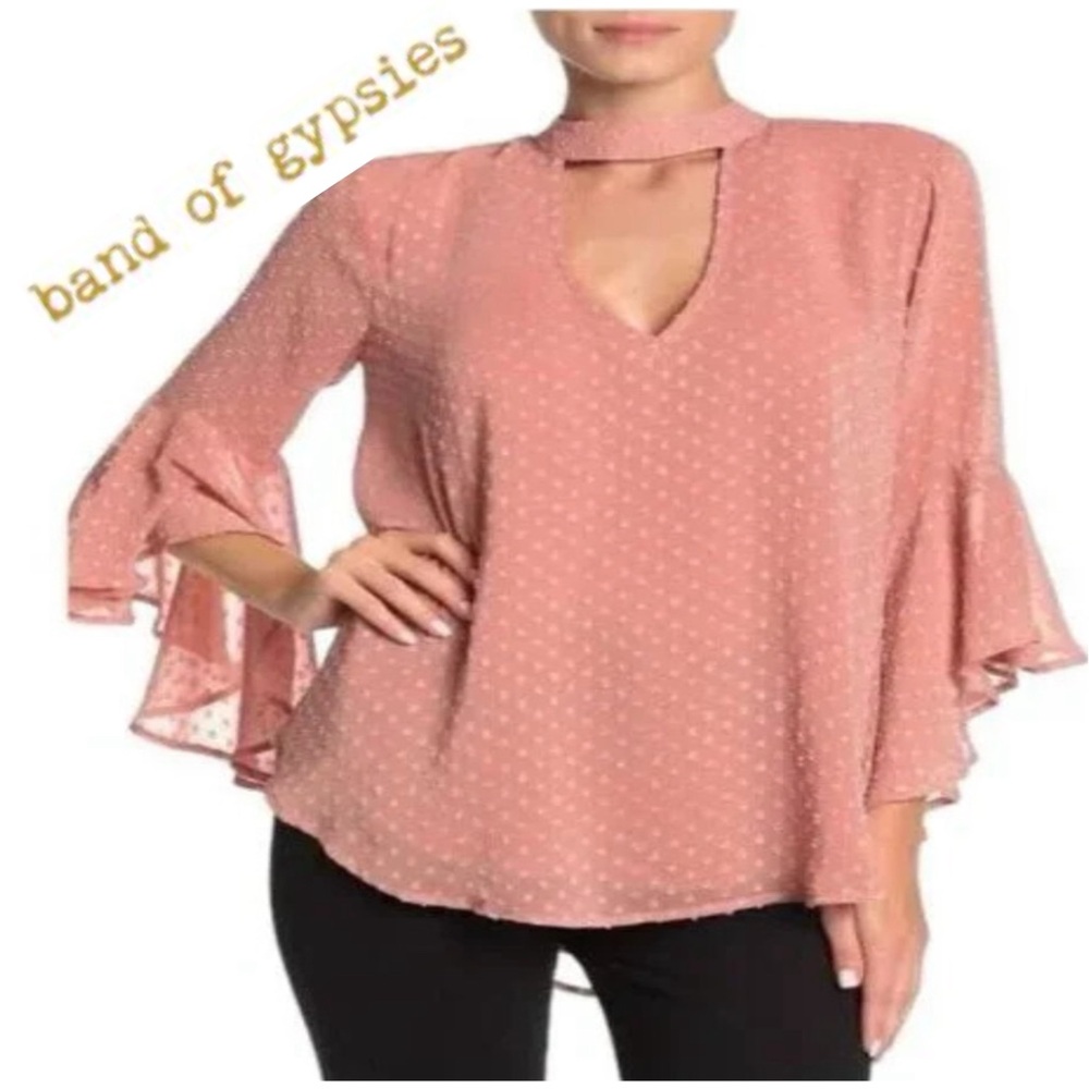 Band Of Gypsies Blush Pink Peasant Blouse With Bell Sleeves & Keyhole Size S